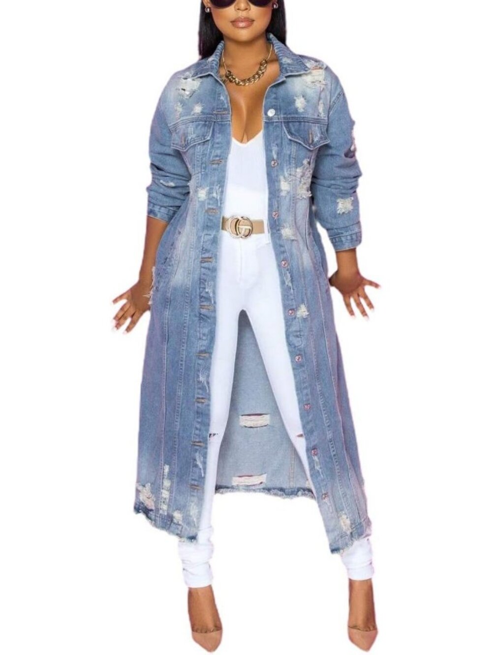 Chic Women's Spring Ripped Maxi Denim Jacket Trench Coat - Stylish & Trendy